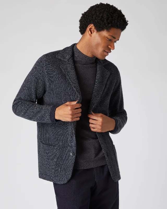 Men's Jacquard Cashmere Jacket Navy Blue Streetwear Style