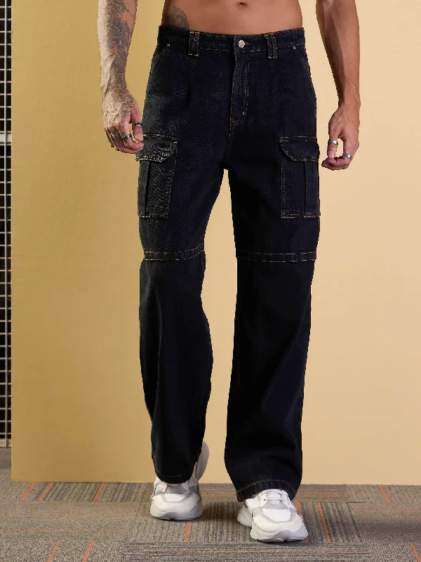 Men Black Side Pocket Baggy Cargo Jeans Confident Men's High