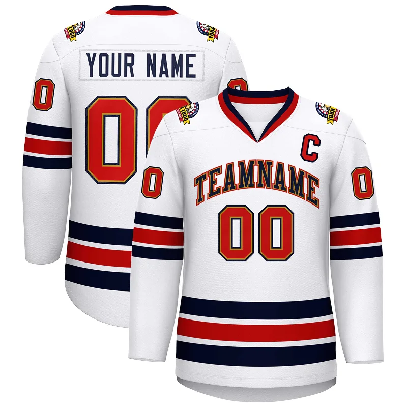 Custom White Navy Old Gold-Red Classic Style Hockey Jersey Polished Men's Satin