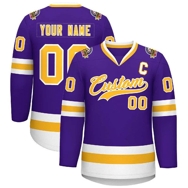 Custom Purple Gold-White Classic Style Hockey Jersey Tough Men's Tactical