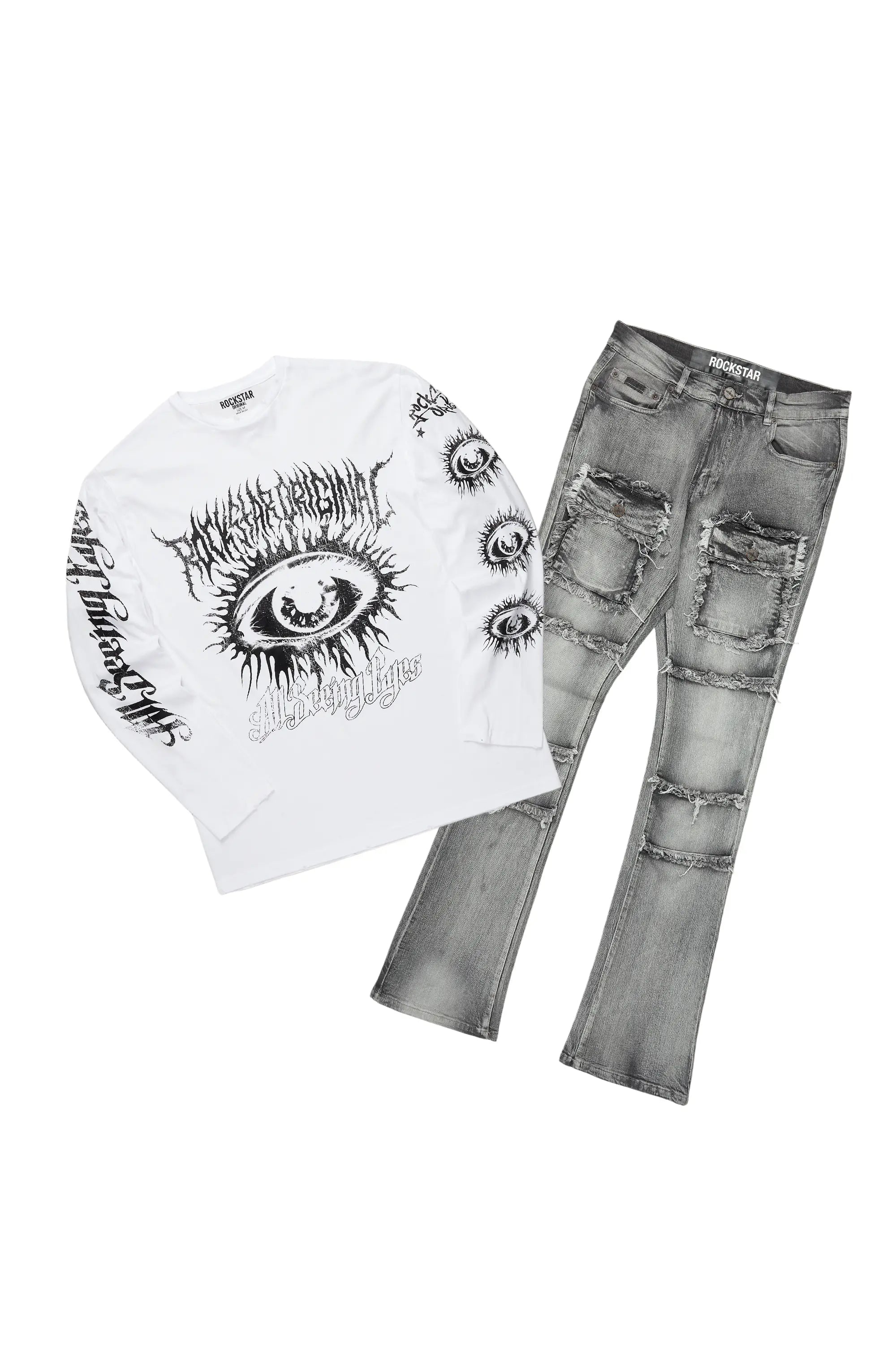 All Seeing Eyes White/Grey Long Sleeve T-Shirt/Stacked Flare Cargo Jean Bundle Laid