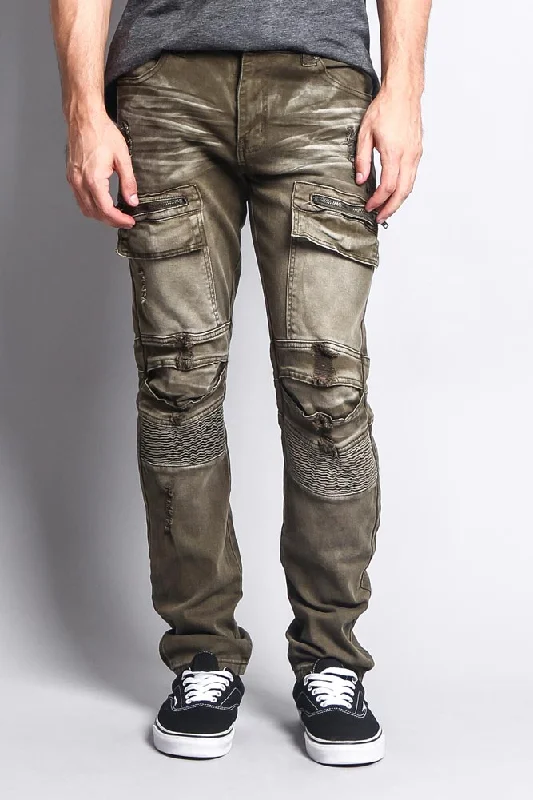 Faded Zipper Cut Cargo Pocket Biker Jeans Casual Men's Short