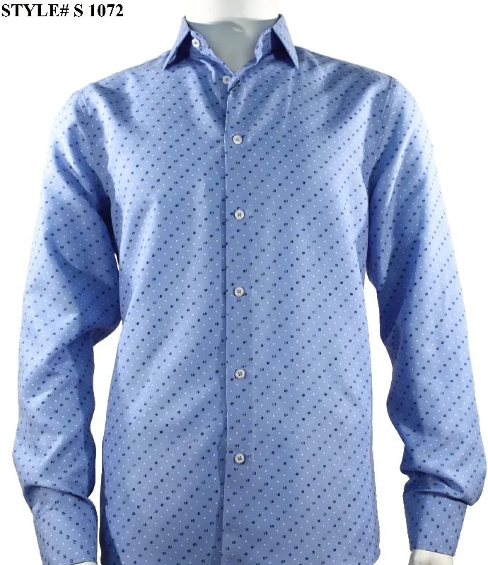 Sangi Long Sleeve Button Down Printed Men's Shirt - Circle & Mini Square Pattern Blue #S 1072 Stylish Men's Tropical 