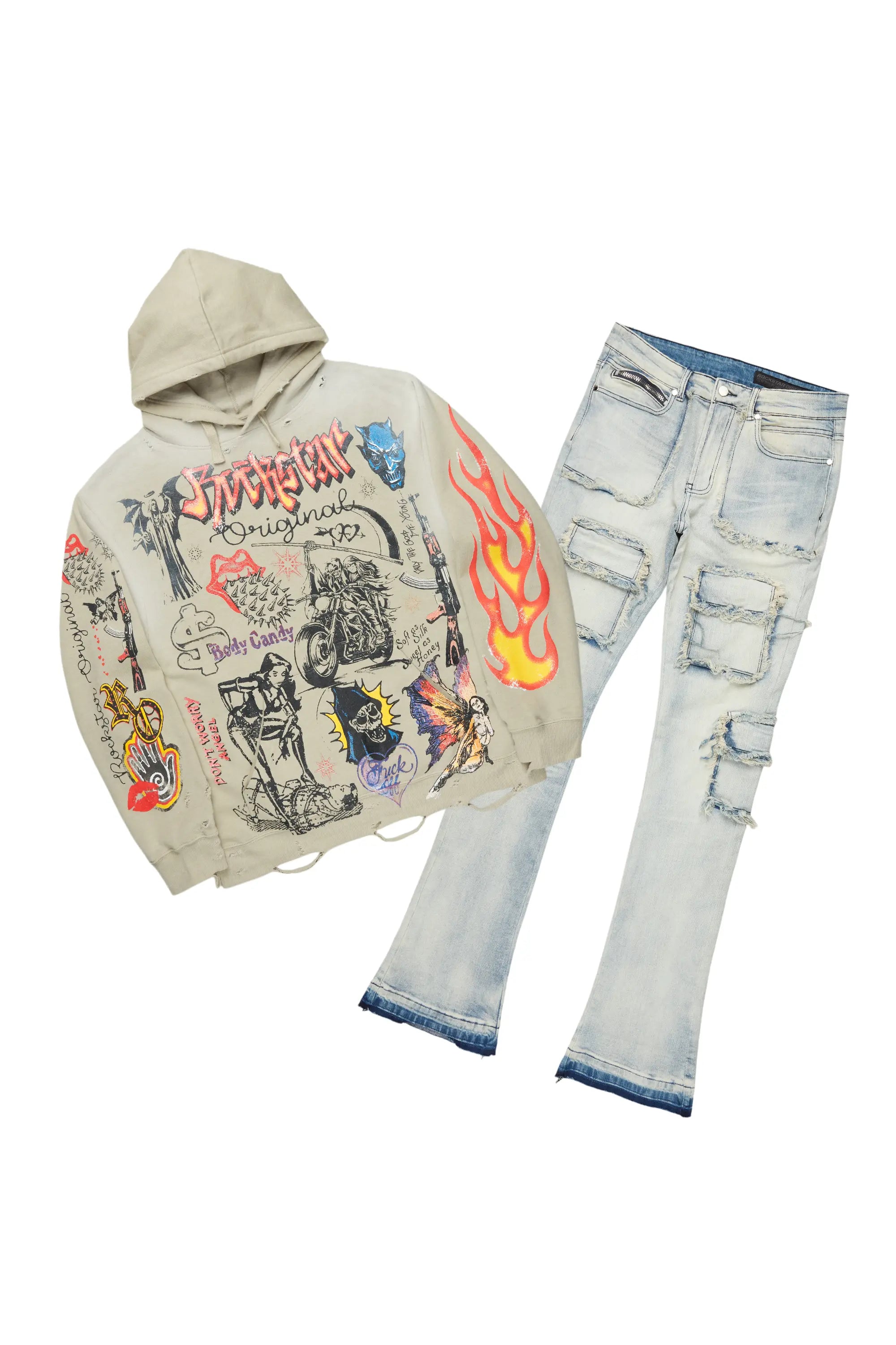 Shoota Beige Hoodie & Tyrell Stacked Flare Jean Bundle Masculine Men's Thick