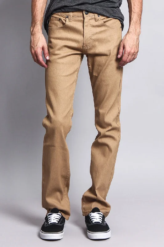 Men's Slim Fit Raw Denim Jeans (Khaki) Laid