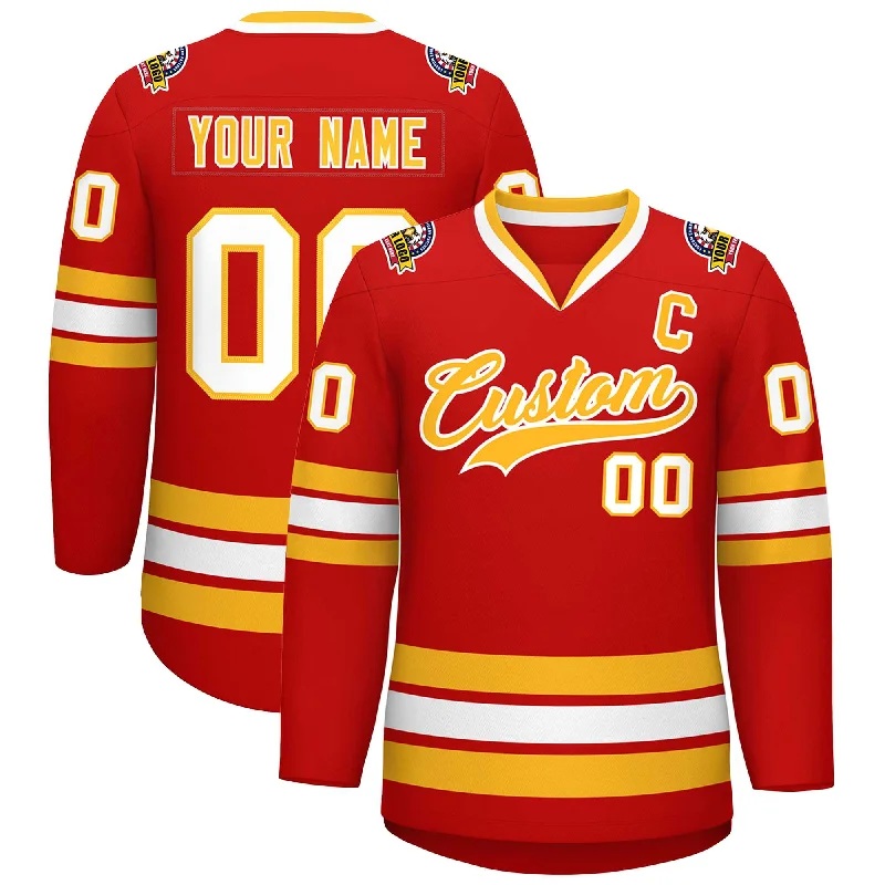 Custom Red Gold-White Classic Style Hockey Jersey Sleek Men's Contemporary 