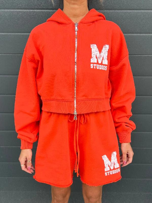 Candy Red M Studios Cropped Zip up. Laid