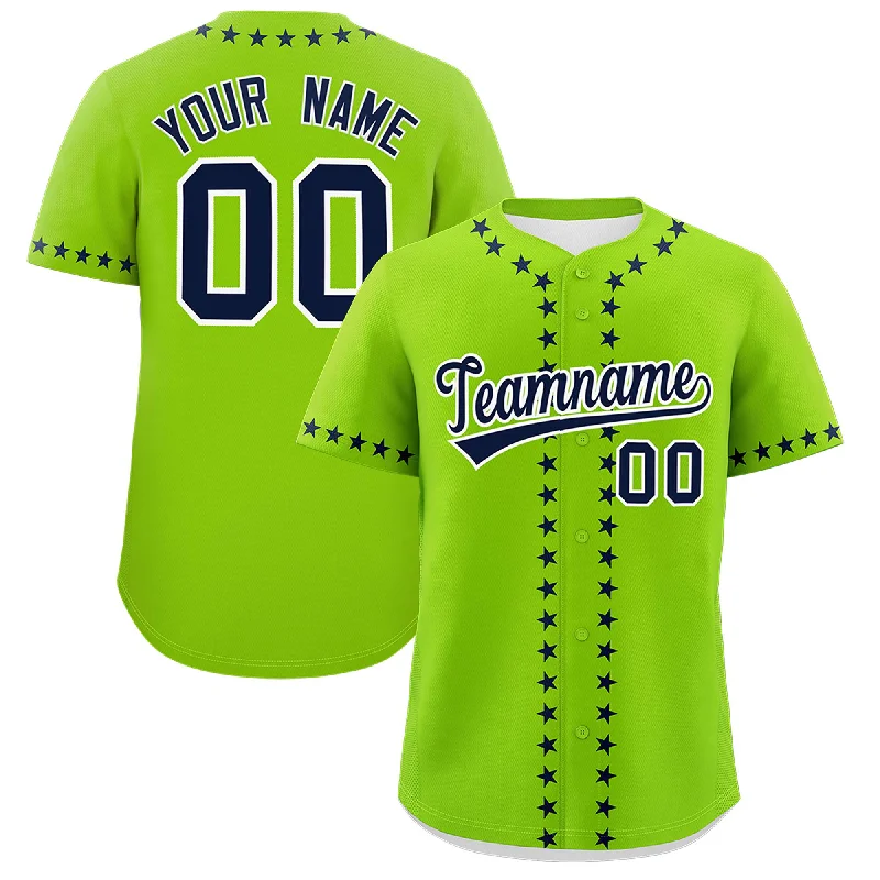 Custom Neon Green Navy Star Ribbing Authentic Baseball Jersey Elegant Men's Cashmere