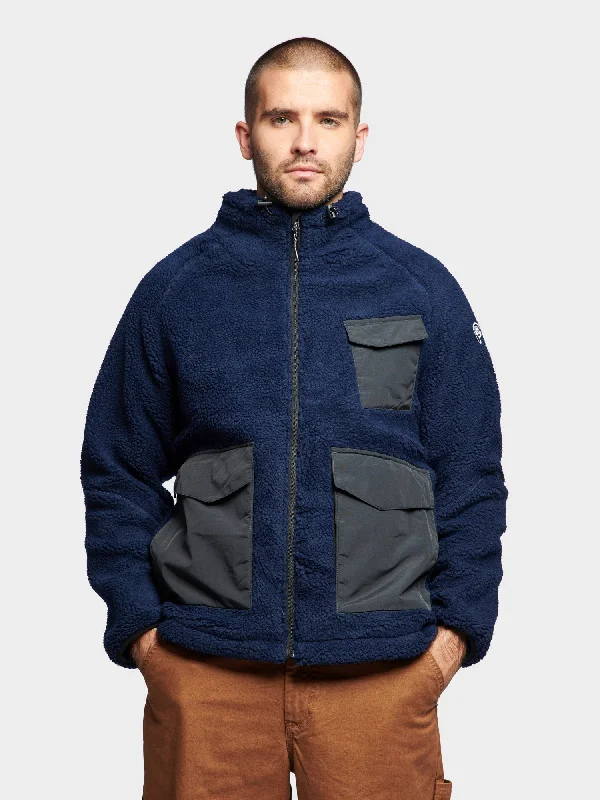 P Bear Angled Pocket Borg Fleece Jacket in Navy Blue Artistic Men's Avant