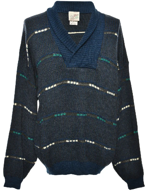 Patterned Navy Jumper - L Unique Men's Patch