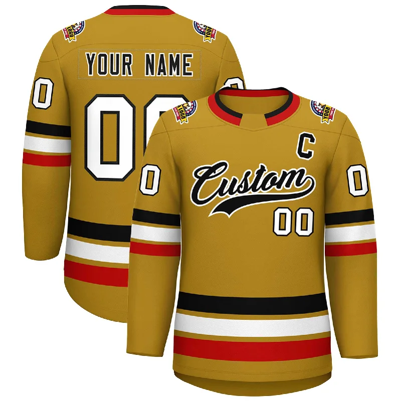 Custom Old Gold Black-White Classic Style Hockey Jersey Dapper Men's Bow