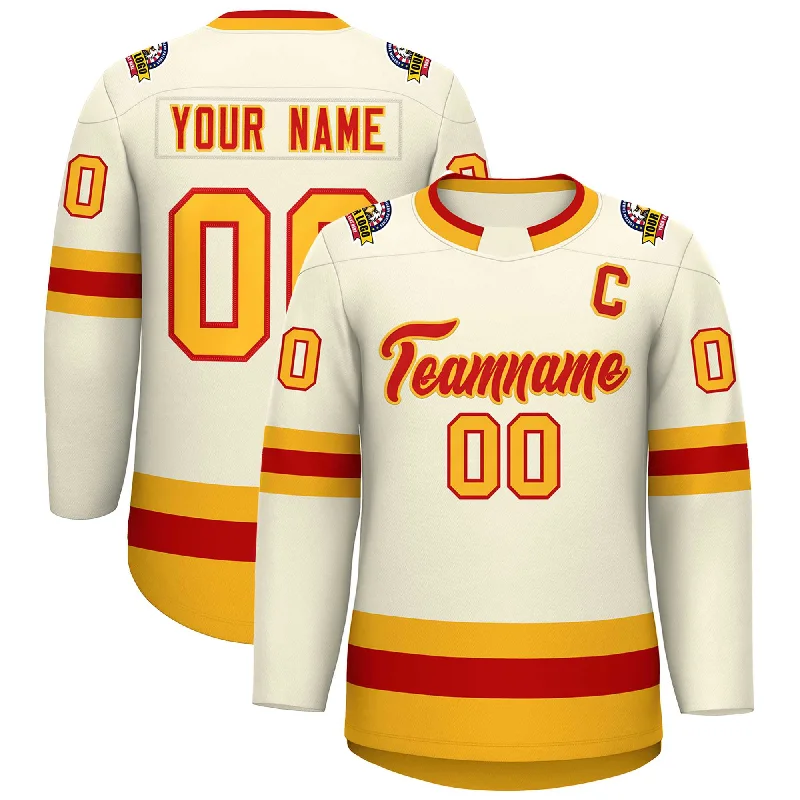 Custom Khaki Red-Gold Classic Style Hockey Jersey Laid