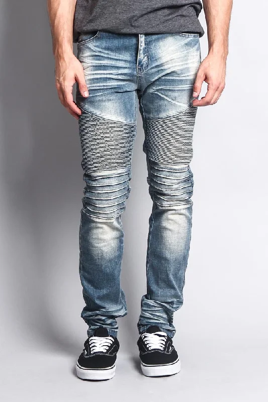 Men's Washed Biker Twill Denim Jeans Cool Men's Skate