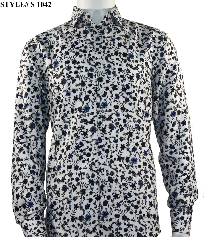 Sangi Long Sleeve Button Down Printed Men's Shirt - Floral Pattern Blue #S 1042 Unique Men's Upcycled