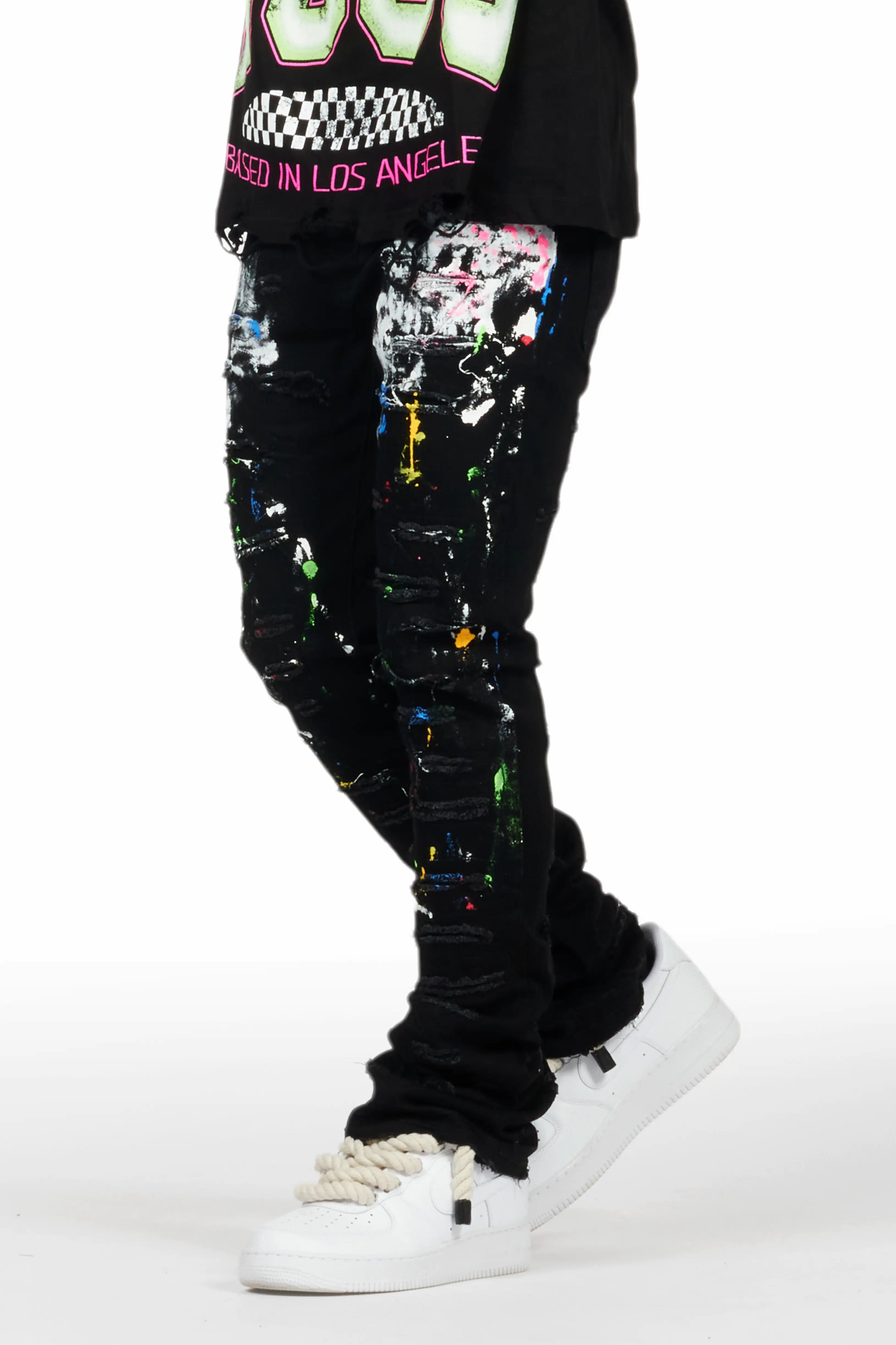 Eliseo Black Painter Stacked Flare Jean Modern Men's Geometric