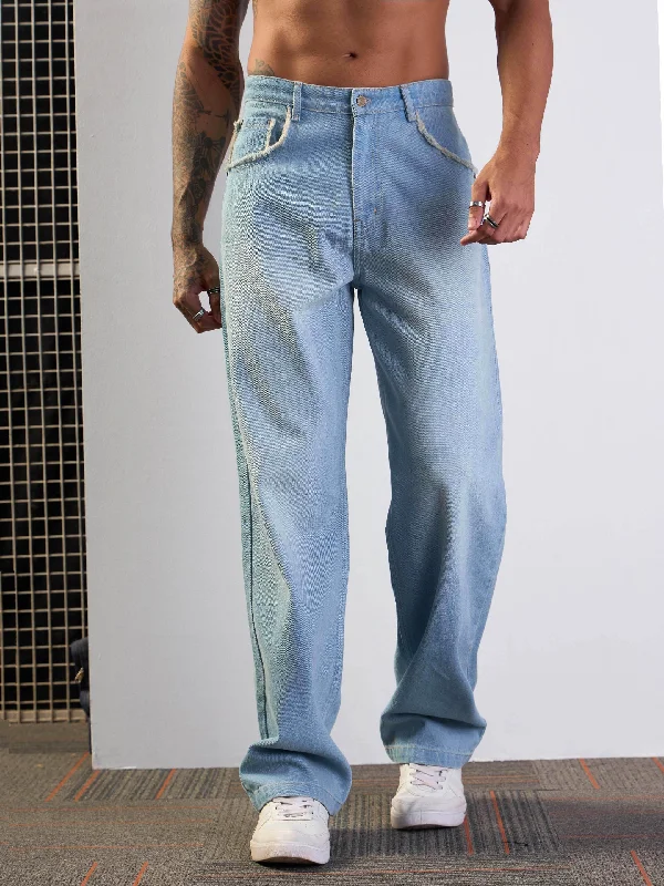 Men Light Blue Washed Baggy Jeans Casual Men's Japanese 