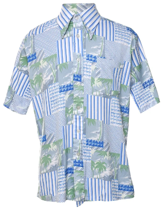 1970s Tropical Print Blue & Green Shirt - L Dapper Men's 1920S