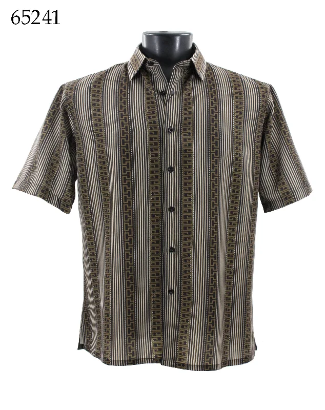 Bassiri Short Sleeve Button Down Casual Printed Men's Shirt -Stripe Pattern Olive #65241 Bohemian Men's Free