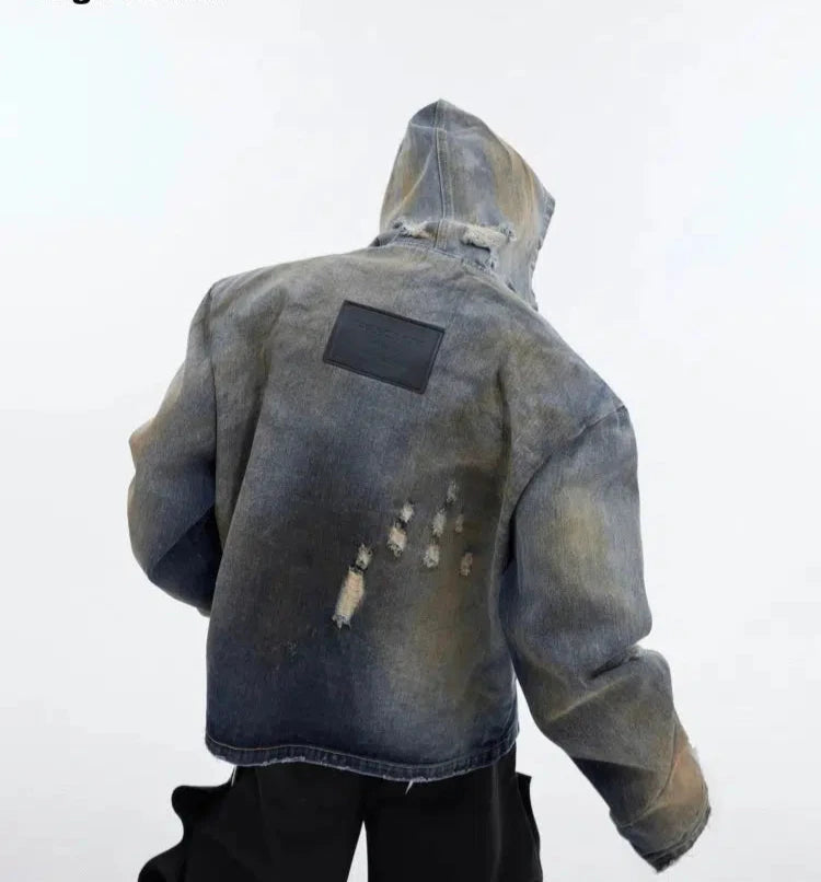 Retro Distressed Hooded Denim Jacket Cozy Men's Winter