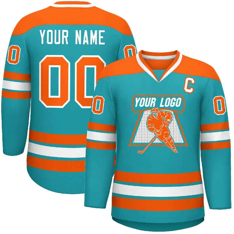 Custom Aqua Orange-White Personalized Classic V-Neck Hockey Jersey Modern Men's 