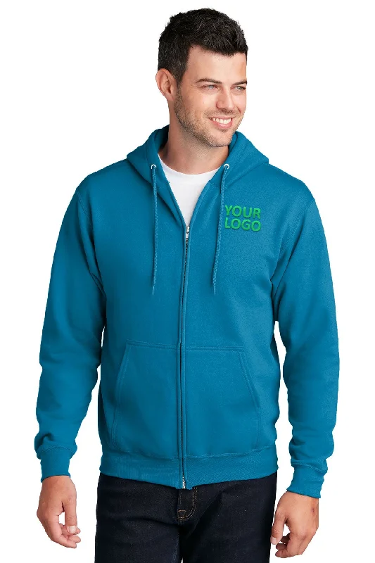 Port & Company Core Fleece Branded Zip Hoodies, Neon Blue Trendy Men's Scandinavian