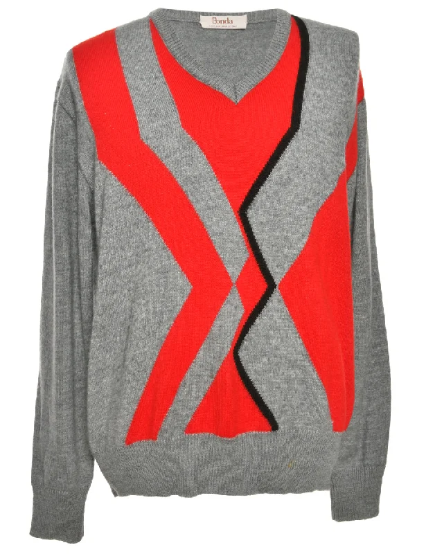 Light Grey Long Sleeved Jumper - M Modern Men's Geometric