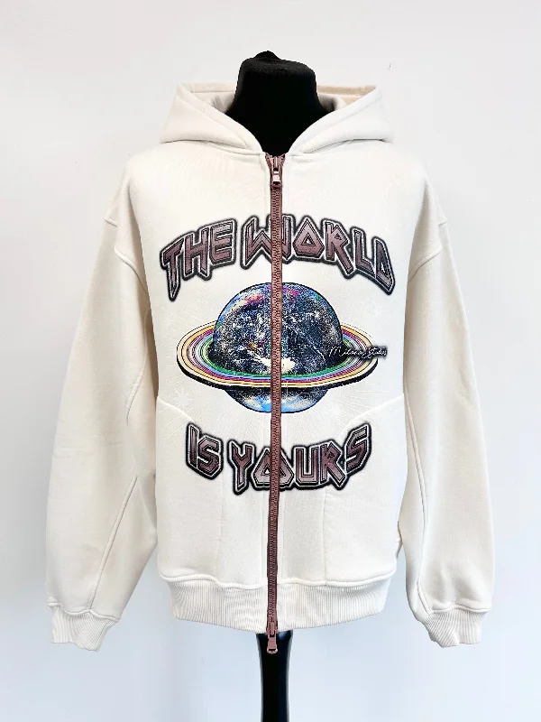 Cream Heavyweight Planet Zip Hoodie. Traditional Men's Country