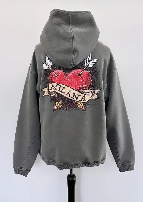 Washed Charcoal Heart Script Heavyweight Hoodie. Bold Men's Statement