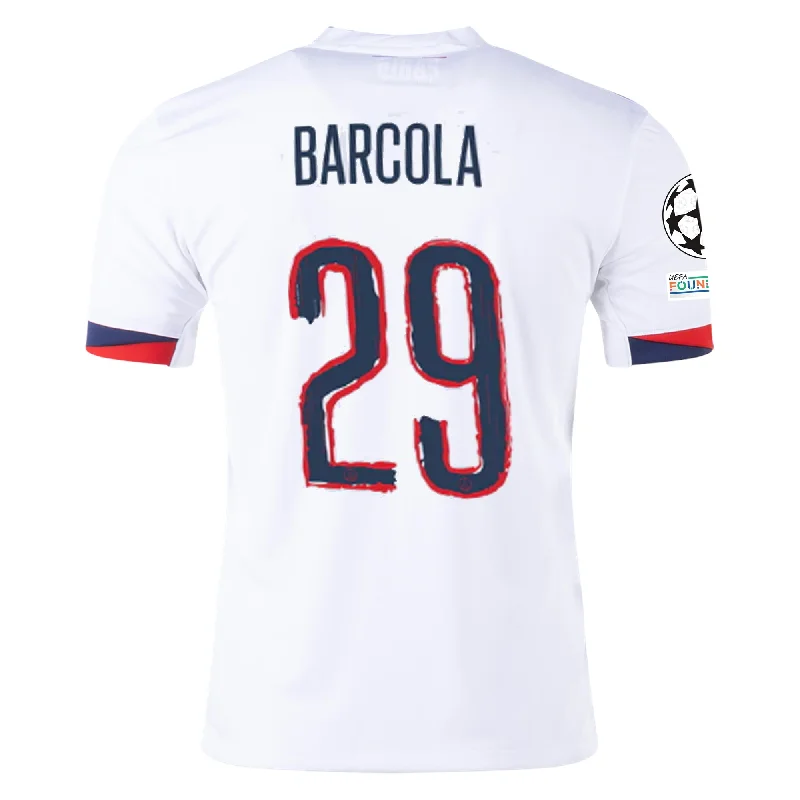 Nike Paris Saint-Germain Bradley Barcola Away Jersey w/ Champions League Patches 24/25 (White/Midnight Navy) Refined Men's Velvet