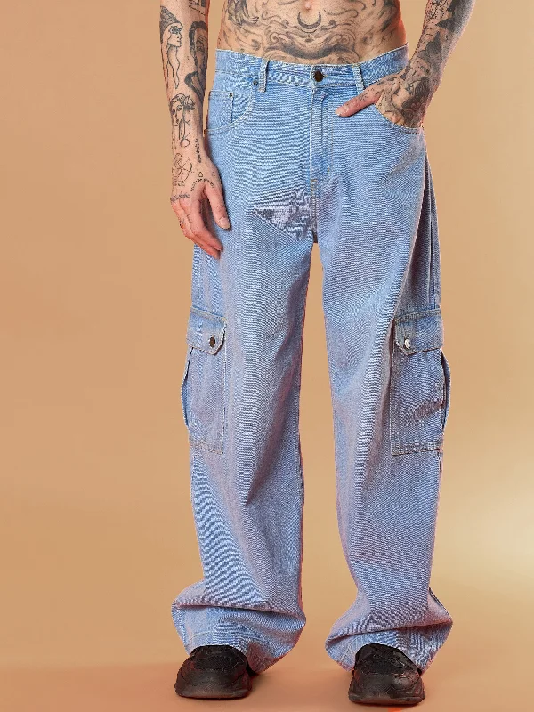 Men Light Blue Wide Leg Cargo Jeans Bold Men's Animal