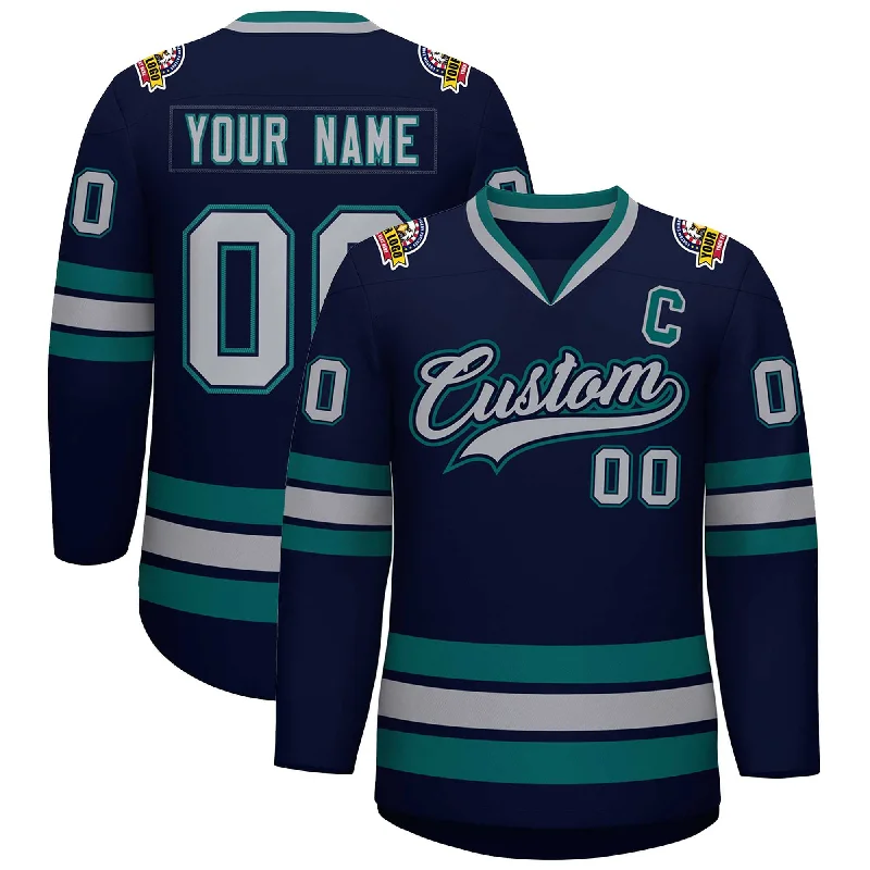 Custom Navy Gray Navy-Aqua Classic Style Hockey Jersey Modern Men's 