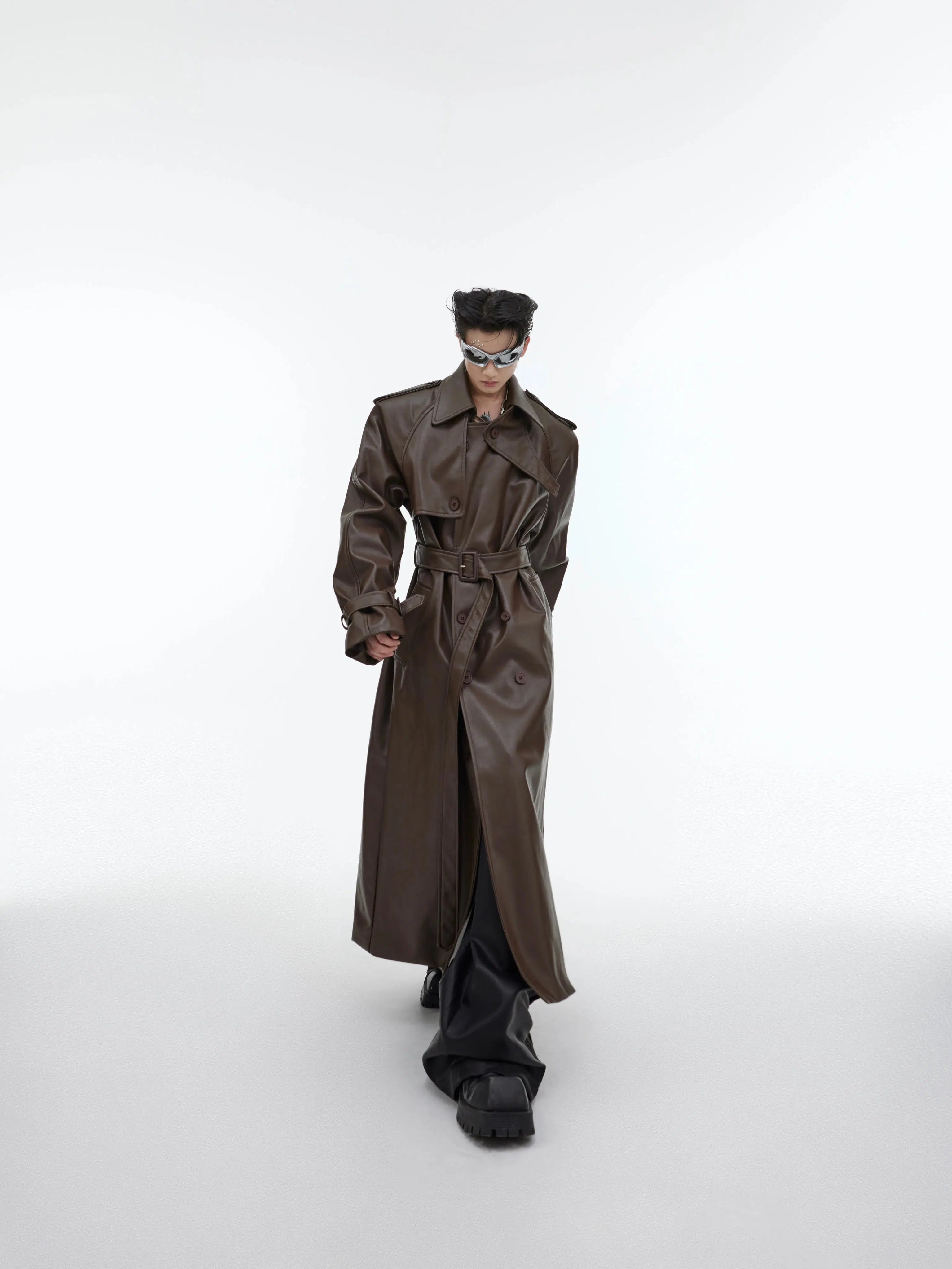 Deconstructed Split PU Leather Long Coat Laid