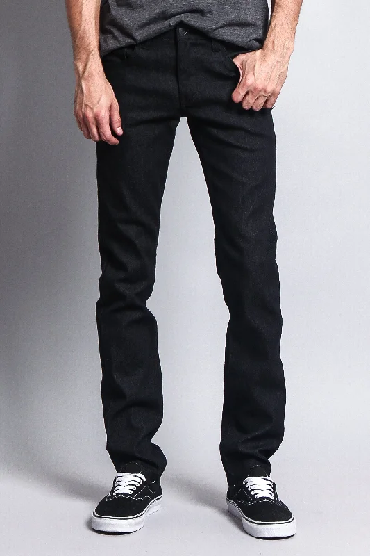 Men's Skinny Fit Raw Denim Jeans (Black) Vacation