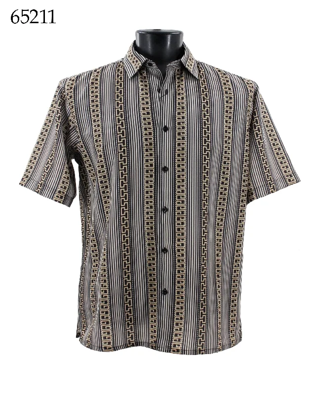 Bassiri Short Sleeve Button Down Casual Printed Men's Shirt -Stripe Pattern Yellow #65211 Masculine Men's 