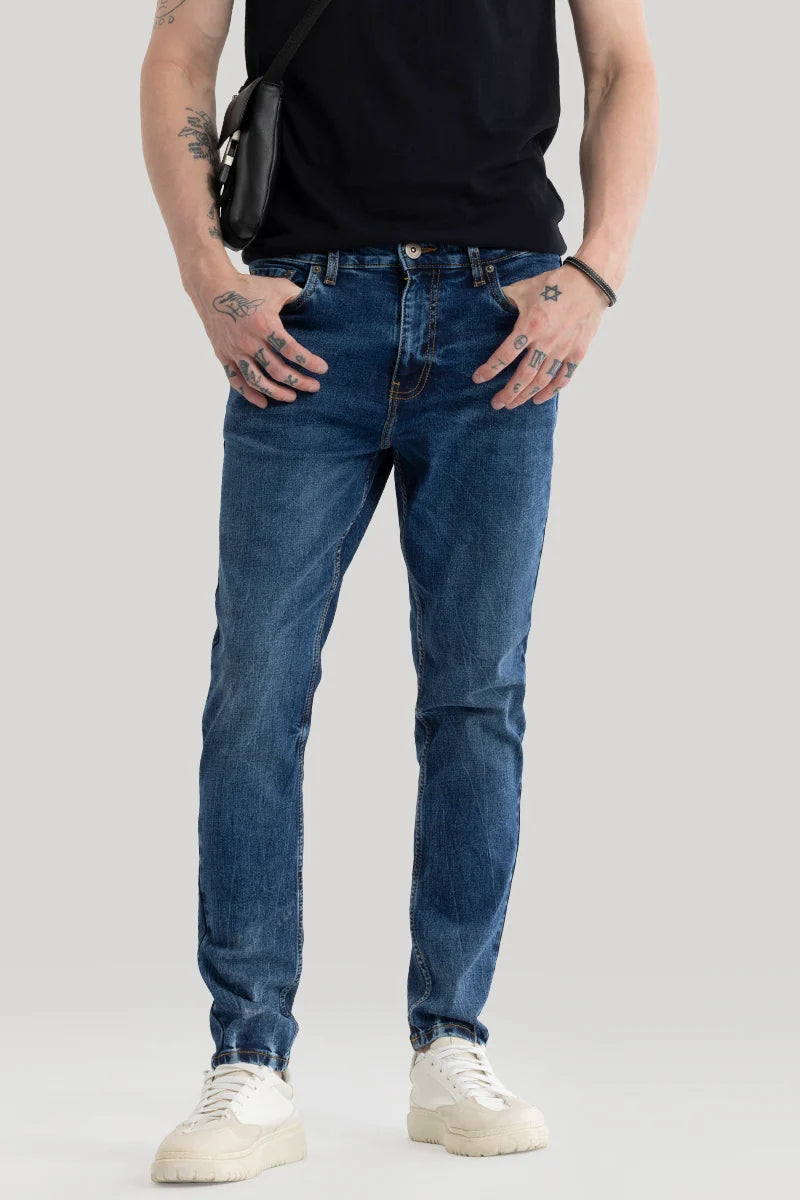 Phantom Washed Blue Plain Skinny Fit Jeans Unique Men's Patch