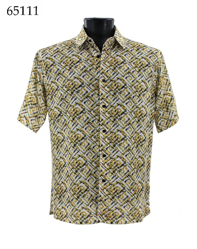 Bassiri Short Sleeve Button Down Casual Printed Men's Shirt -Geometric Pattern Yellow #65111 Modern Men's Tech