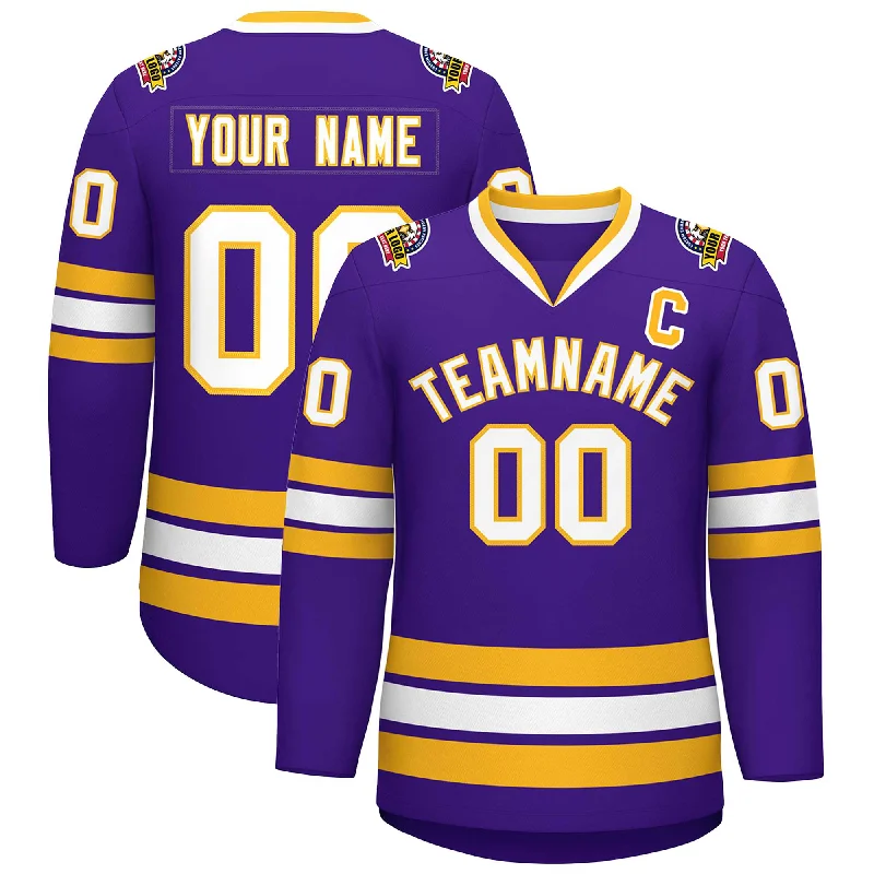 Custom Purple White-Gold Classic Style Hockey Jersey Trendy Men's Oversized