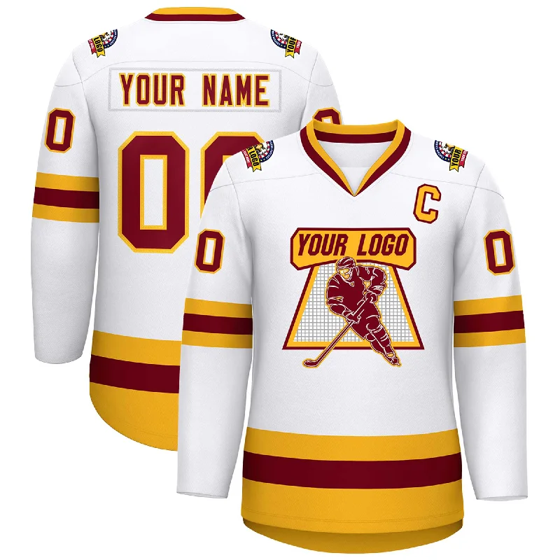 Custom White Crimson-Gold Classic Style Hockey Jersey Casual Men's Japanese 