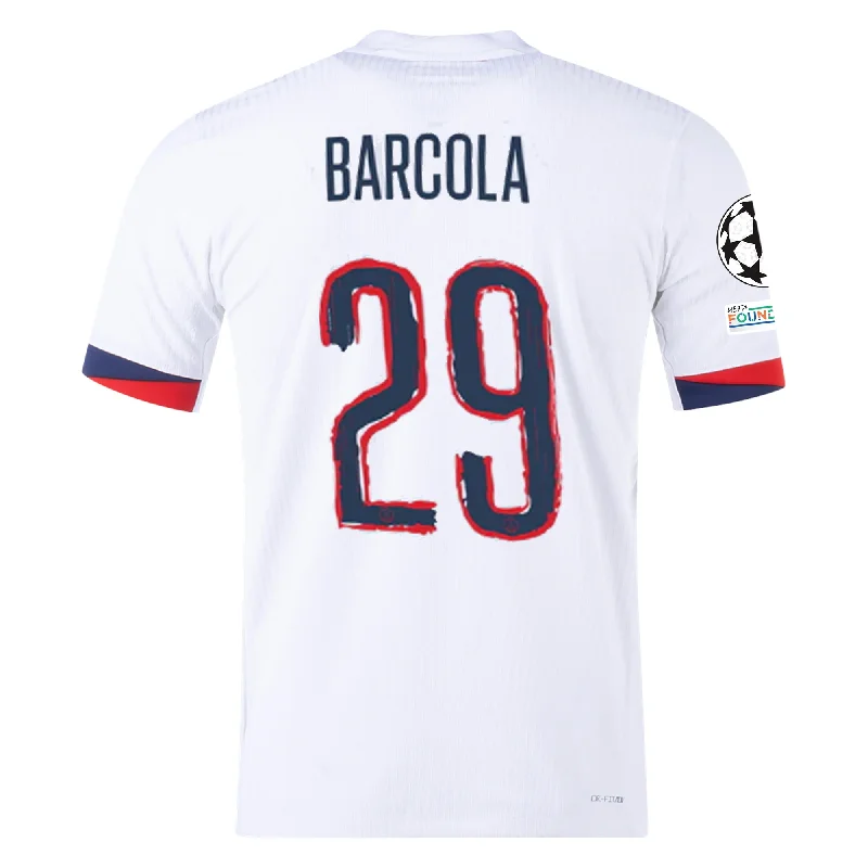 Nike Paris Saint-Germain Authentic Bradley Barcola Away Jersey w/ Champions League Patches 24/25 (White/Midnight Navy) Tough Men's Military