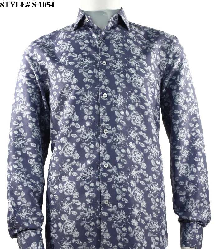 Sangi Long Sleeve Button Down Printed Men's Shirt - Floral Pattern Blue #S 1054 Dynamic Men's High