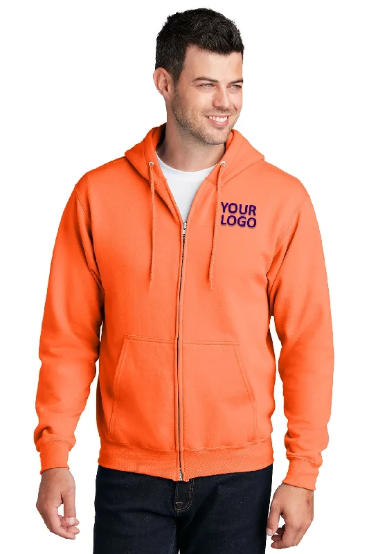 Port & Company Core Fleece Branded Zip Hoodies, Neon Orange Vacation