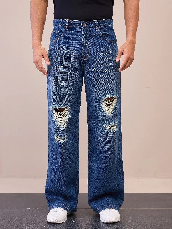 Men Blue Washed Front Distressed Wide Leg Jeans Sporty Men's Athleisure 