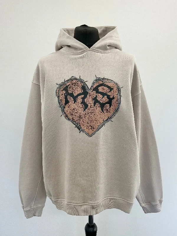 Washed Taupe MS Heart Heavyweight Hoodie. Unique Men's Upcycled