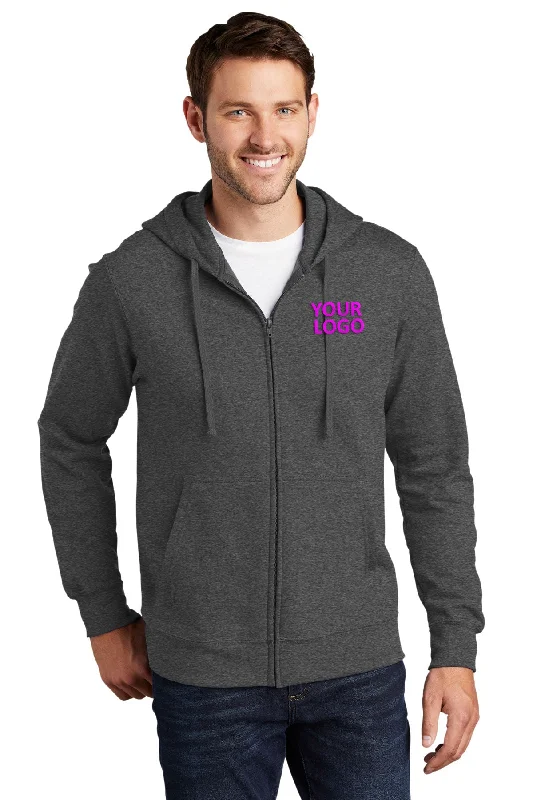 Port & Company Fan Favorite Fleece Customized Zip Hoodies, Dark Heather Grey Modern Men's Geometric