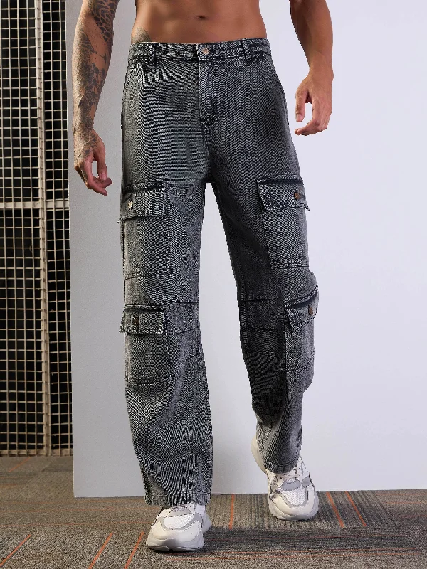 Men Grey Washed Multi Pocket Baggy Jeans Masculine Men's 