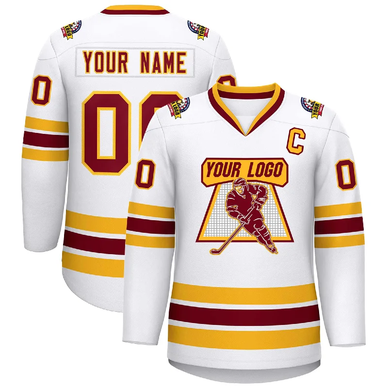 Custom White Crimson-Gold Classic Style Hockey Jersey Edgy Men's Punk