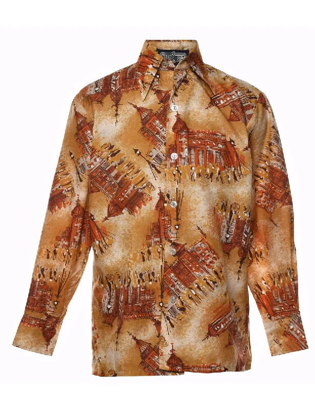 1970s Light Brown & Orange Printed Shirt - S Trendy Men's Oversized