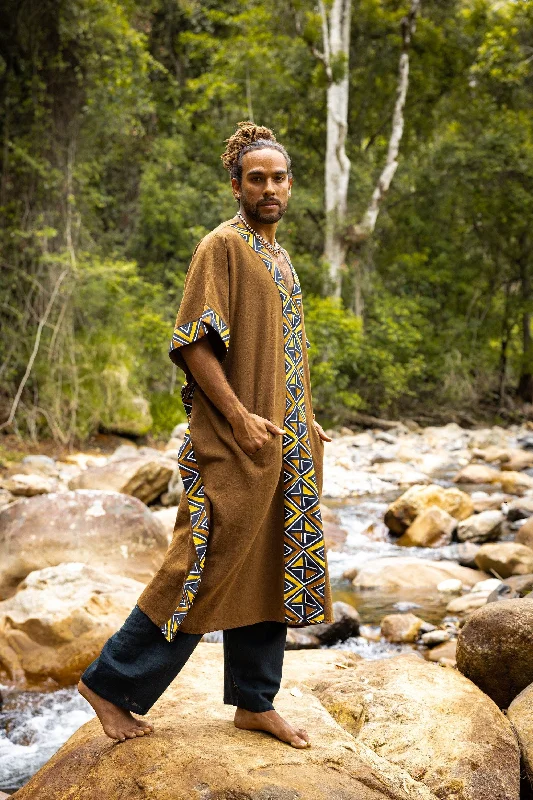 KAFATU Mens Brown Kaftan Kurta Top African Tribal Patterns Handmade Robe Natural Cotton with Pockets Ceremony Ritual Festival Boho AJJAYA Cclassic Men's Tweed