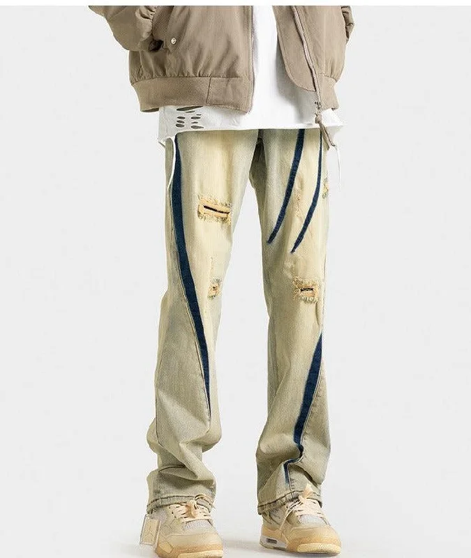 Yellow Mud Dyed Hole Pants Artistic Men's Hand