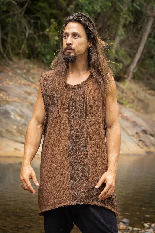 AKAU Brown Tank Top Sleeveless Shirt Shipibo Block Printed Handmade Natural Muscle Cotton Shamanic Tribal Festival Ceremony Ritual AJJAYA Refined Men's European